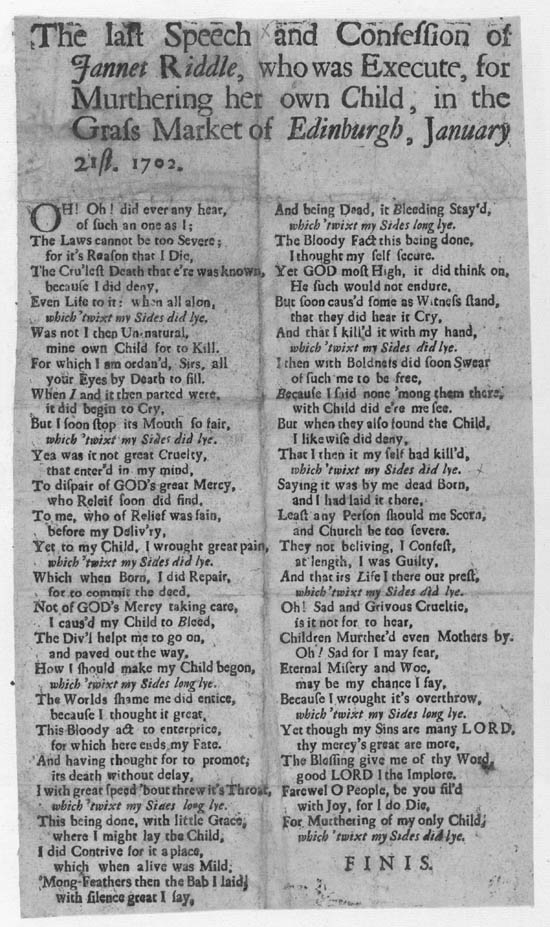 Broadside titled The last speech and confession of Jannet Riddle