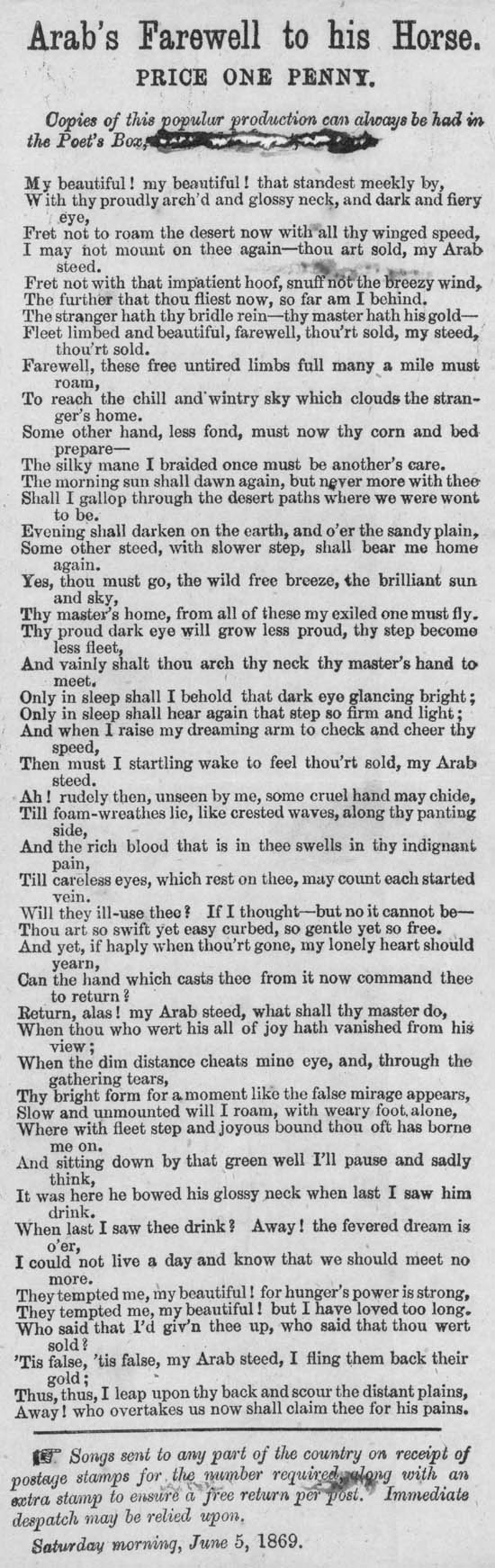 Broadside titled Arab's Farewell to his Horse