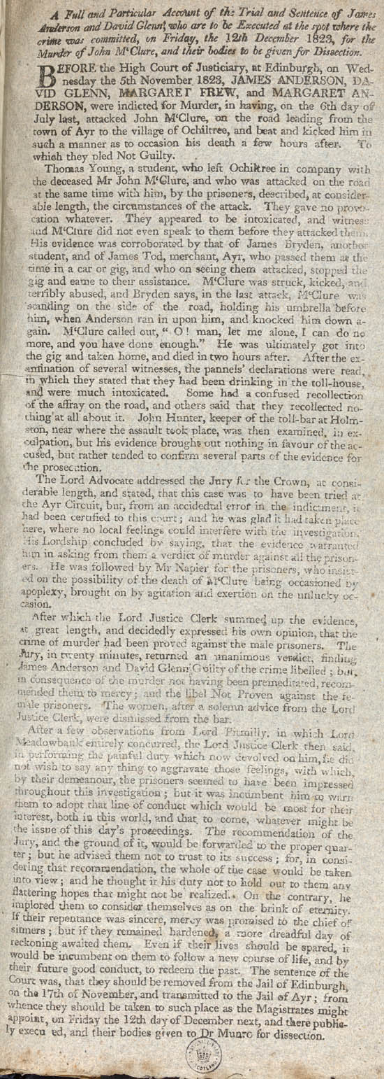 Broadside titled full and particular account of the trial and sentence of James Anderson and David Glenn, who are to be executed ... on ... the 12th December 1823, for the murder of John M'Clure, etc