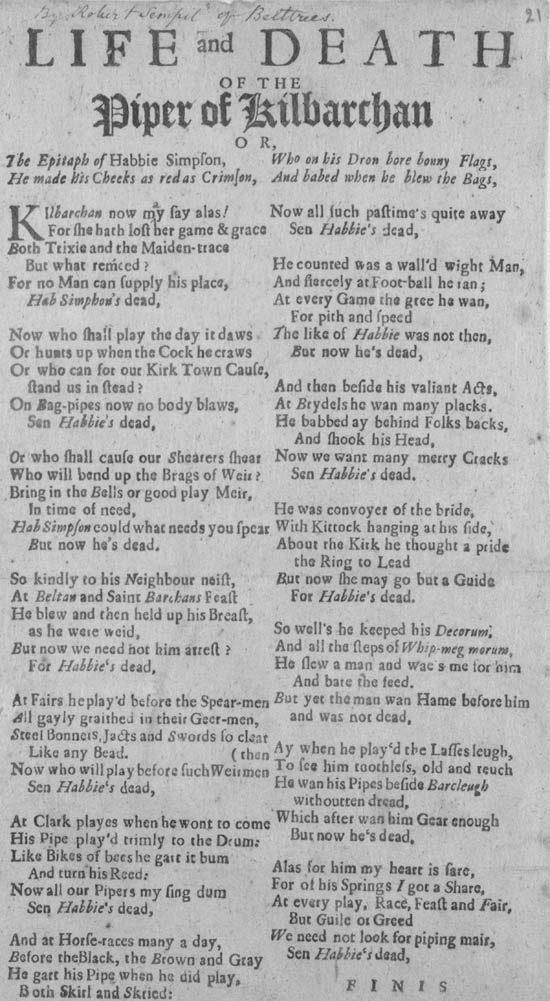 Broadside titled Life and death of the piper of Kilbarchan or, The epitaph of Habbie Simpson