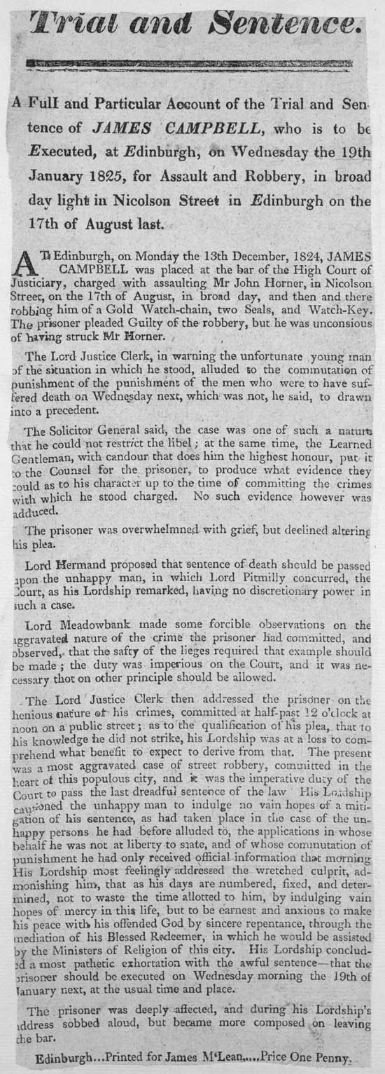 Broadside titled Trial and sentence