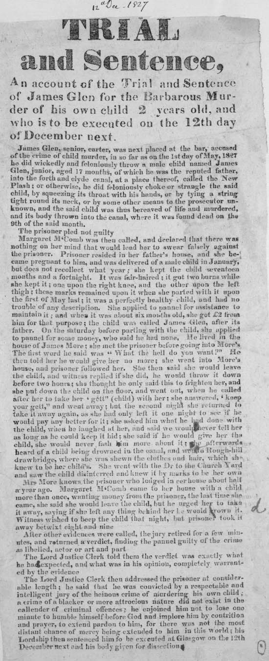 Broadside titled Trial and sentence