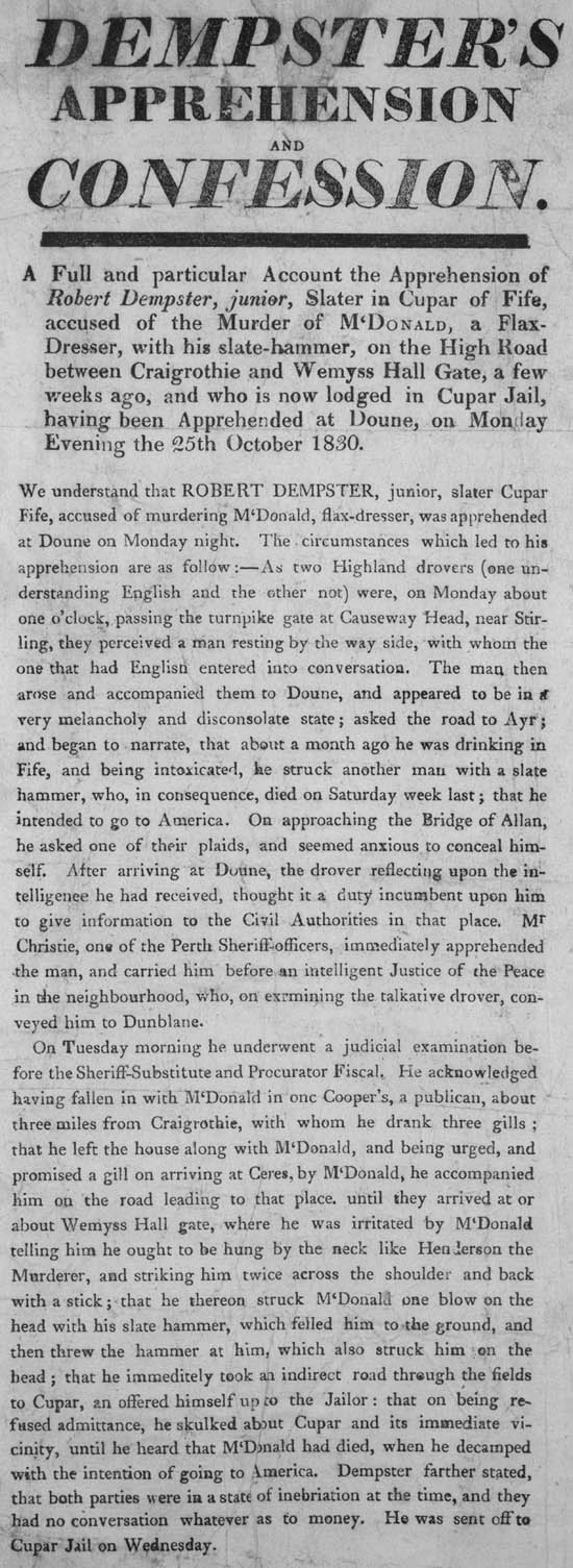 Broadside titled Dempster's apprehension and confession