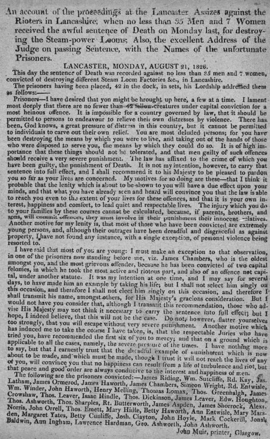 Broadside titled account of the proceedings at the Lancaster Assizes