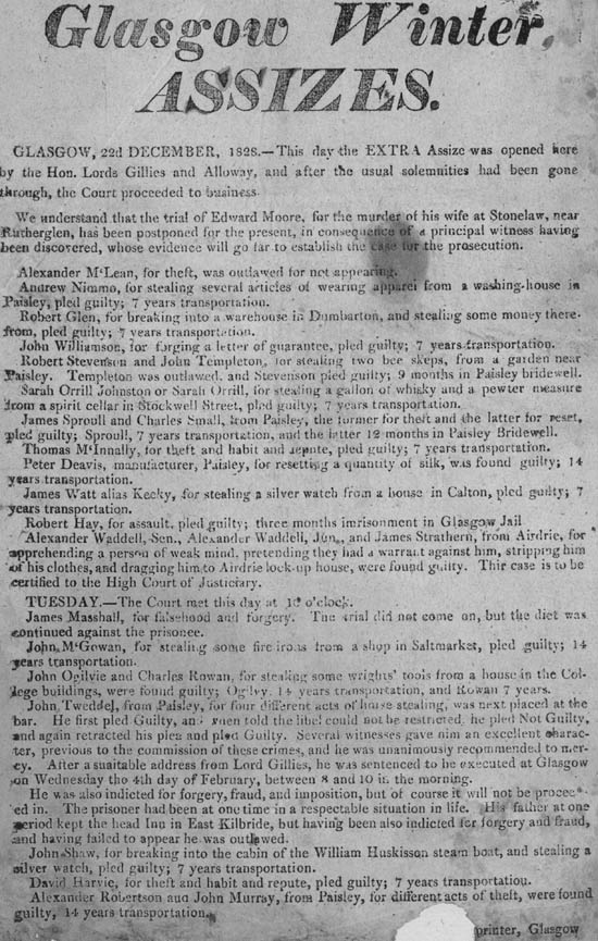 Broadside titled Glasgow winter assizes