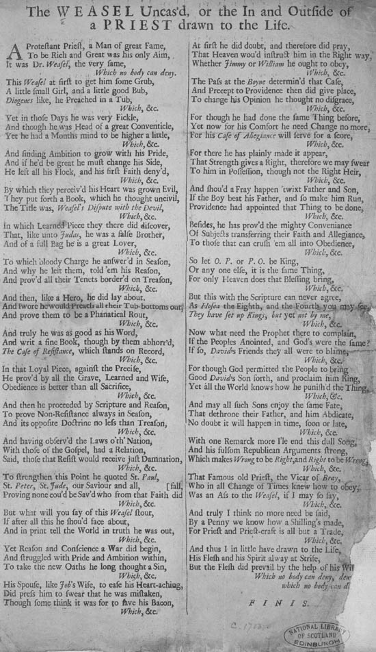 Broadside titled Weasel uncas'd, or The in and outside of a priest drawn to the life