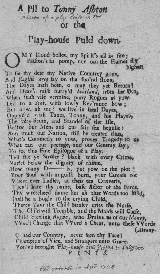 Broadside titled A pil to Tonny Ashton or the Play-house Puld down