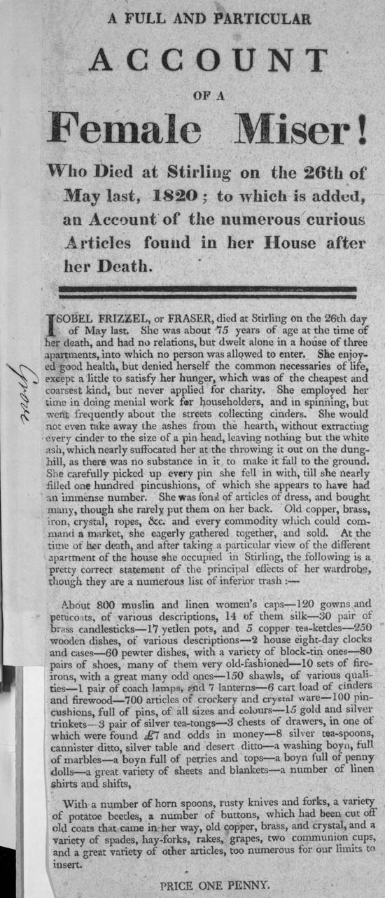 Broadside titled full and particular account of a female miser