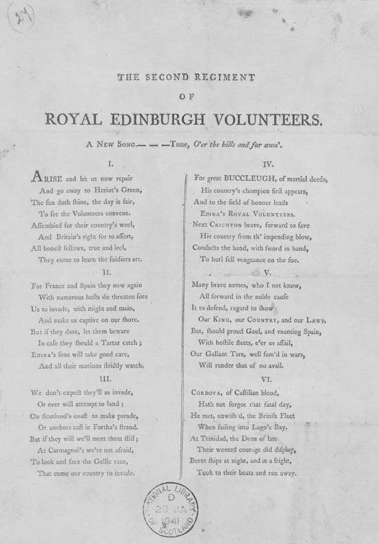 Broadside titled second regiment of Royal Edinburgh Volunteers. A new song