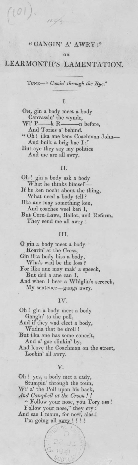 Broadside titled "Gangin' a' awry!" Or, Learmonth's lamentation