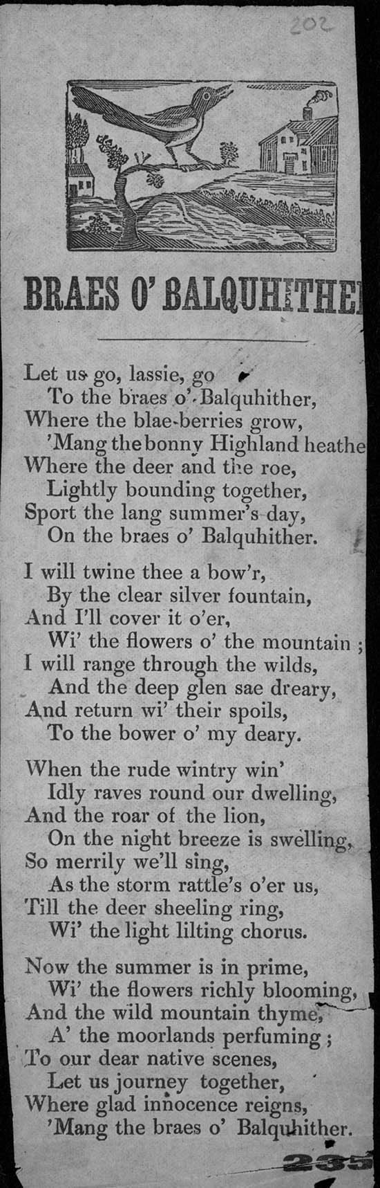 Broadside titled Braes o' Balquhither