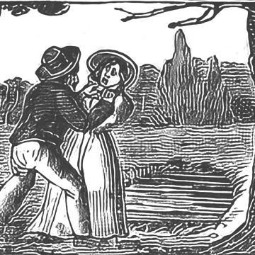 Monochromatic ink printing of a victorian man assaulting a woman in a field