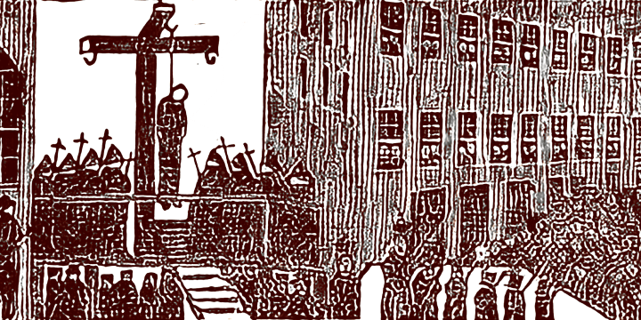 Monochromatic ink printing of a crowd gathered around a hanging