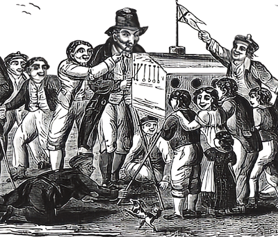 Ink printing of a man and children gathered around a large music machine