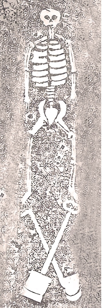 Ink print of a human skeleton lying in the ground